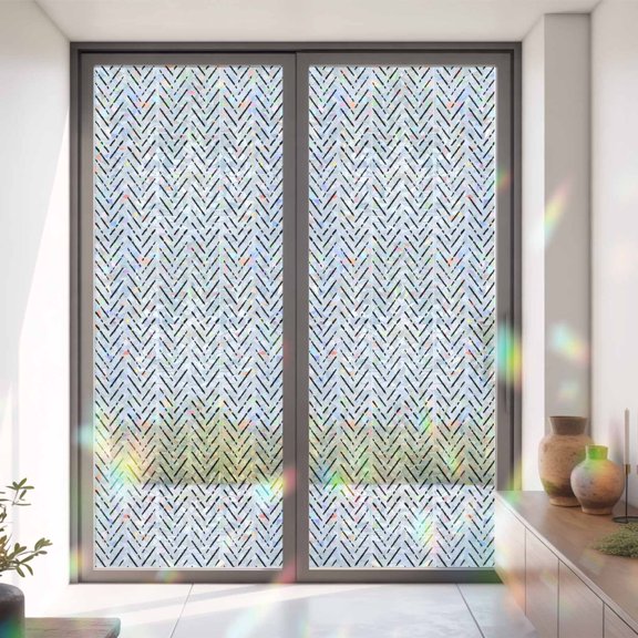Minimalist Stripe Chevron Art Window Privacy Film, Rainbow Film Decorative Window Sticker 35.4x78.7in, Modern Black Line on White Sun Blocking Static Stained Glass Cling Tint Non-Adhesive
