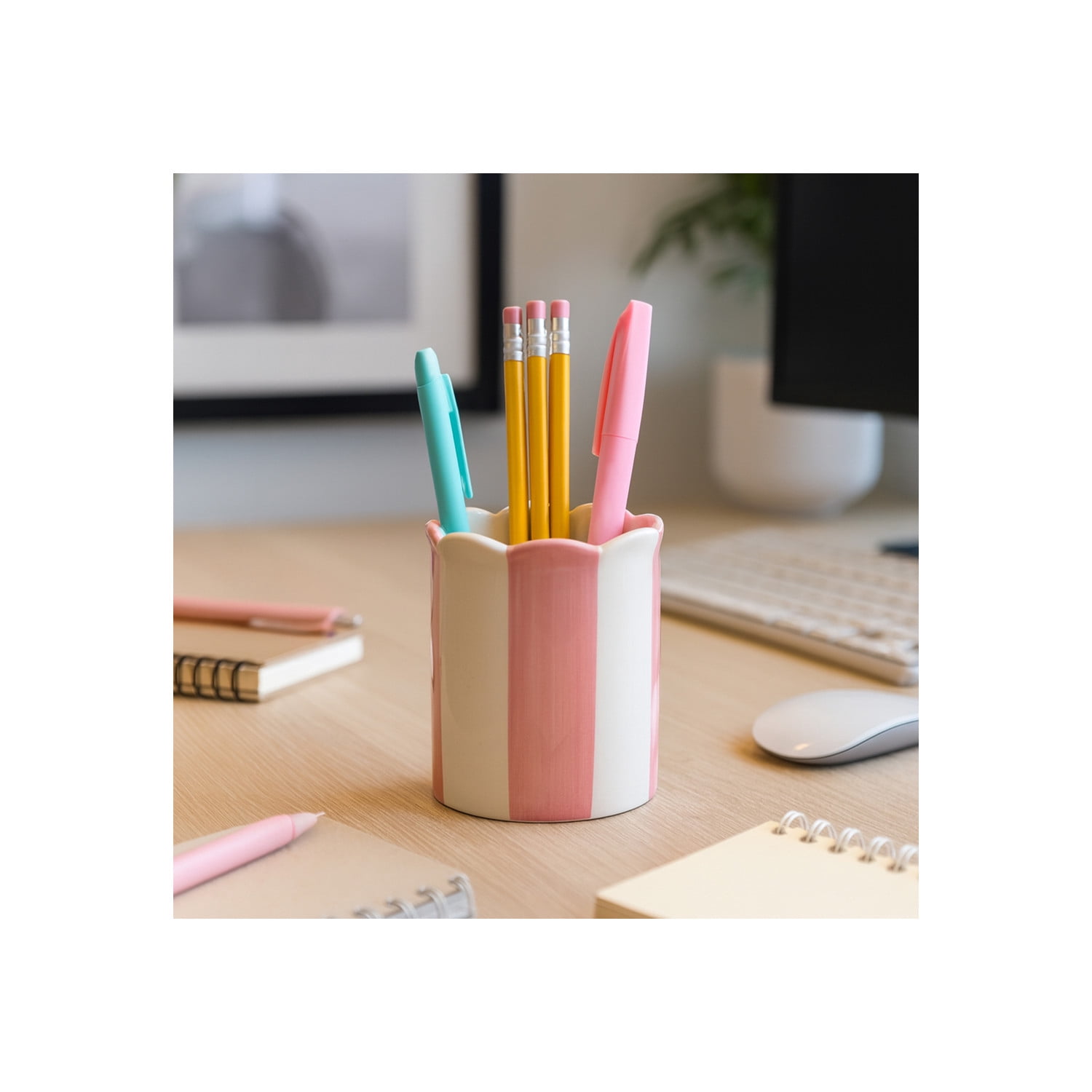 Minimalist Striped Desktop Organizer for Home Decor - Office Accessory for Small Desk, Workspace, or Storage Decor - Decorative Desk Organizer for Bedroom and Bathroom Decor - 4", Pink & Ivory