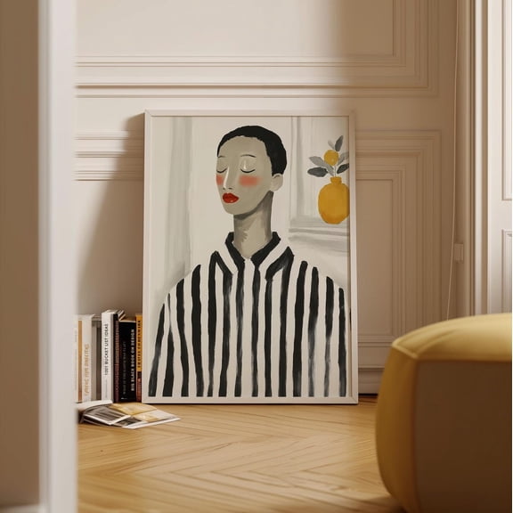 Minimalist Striped Portrait Art, Abstract Face Modern Black And White, Contemporary Serene Figure Print Wall Art, Modern Wall Decor, 8x12 UNFRAMED