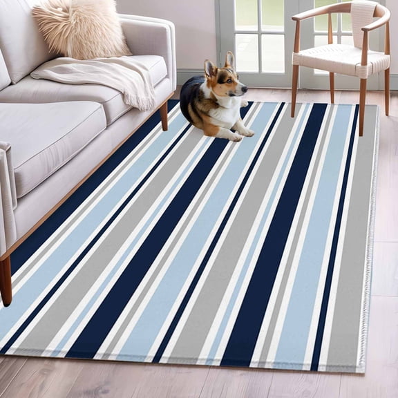 Minimalist Stripes Area Rugs 4x6 ft Navy Blue Grey Horizontal Stripe Modern Washable Rug Non Slip Indoor Carpet Absorbent Floor Mat for Living Room Bedroom Dining Room