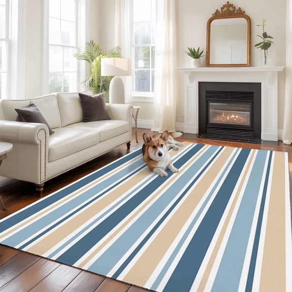 Minimalist Stripes Area Rugs 5x7 ft Grey Blue Yellow Horizontal Stripe Modern Washable Rug Non Slip Indoor Carpet Absorbent Floor Mat for Living Room Bedroom Dining Room
