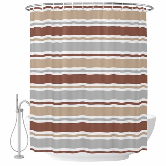 Minimalist Stripes Bathroom Shower Curtains with Hooks, Khaki Brown Grey Horizontal Stripe Modern Waterproof Fabric Washable Shower Curtain for Home Hotel Bathtub Decor 72x72 Inch