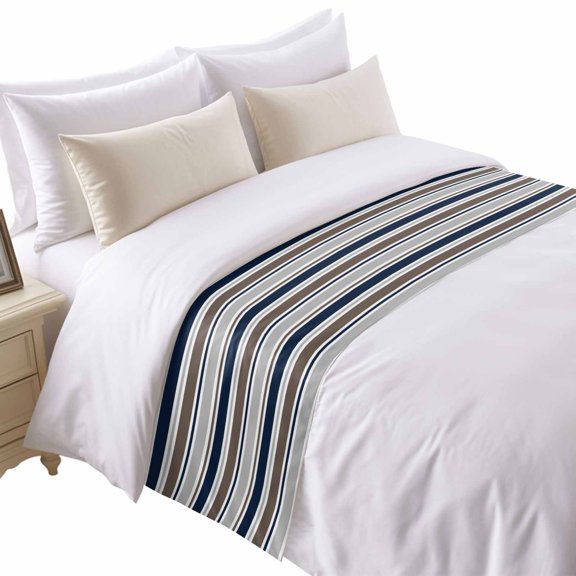 Minimalist Stripes Bed Runner for Twin Size Bed, Navy Blue Brown Grey Horizontal Stripe Modern Soft Bedding Scarf Bedding Protector Slipcover Sofa Throw for Bedroom Hotel Guesthouse