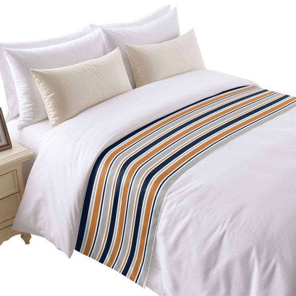 Minimalist Stripes Bed Runner for Twin Size Bed, Navy Blue Gray Orange Horizontal Stripe Soft Bedding Scarf Bedding Protector Slipcover Sofa Throw for Bedroom Hotel Guesthouse