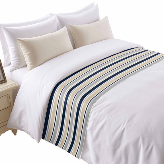 Minimalist Stripes Bed Runner for Twin Size Bed, Navy Blue Khaki Grey Horizontal Stripe Modern Soft Bedding Scarf Bedding Protector Slipcover Sofa Throw for Bedroom Hotel Guesthouse