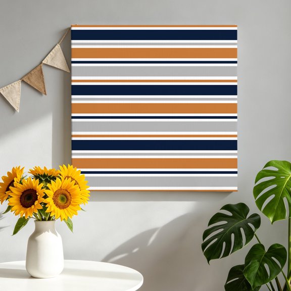 Minimalist Stripes Canvas Wall Art, Navy Blue Gray Orange Horizontal Stripe Framed Canvas Wall Decor Picture Print Artwork Decorations for Living Room Office Ready to Hang 10" x 10"
