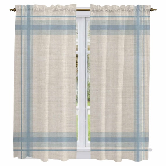 Minimalist Stripes Kitchen Curtains 63 Inch Length, Modern Simple Blue Grid Lines Beige Tiers Curtains for Living Room Berdoom Bathroom, Light Filtering Drapes Window Treatment 2 Panels 42"Wx63"L