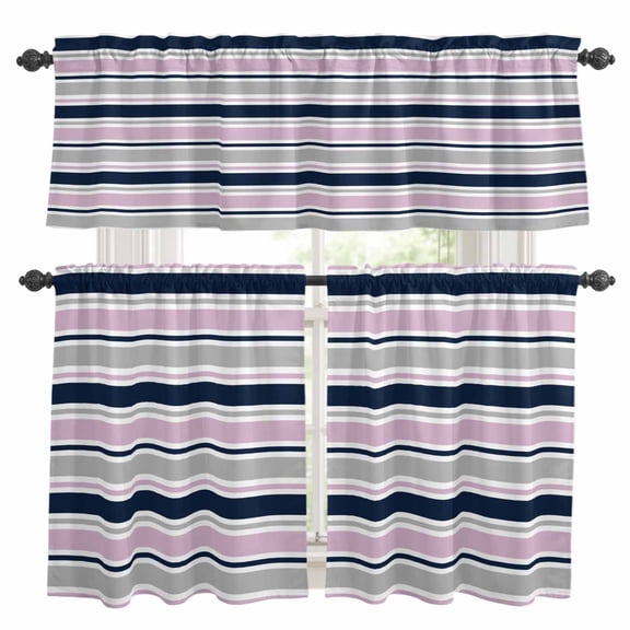 Minimalist Stripes Kitchen Curtains Valances and Tiers Set of 3 Navy Blue Pink Gray Horizontal Stripe Modern Tier Curtains and Valance with Rod Pocket for Small Windows, 27.5"x24"