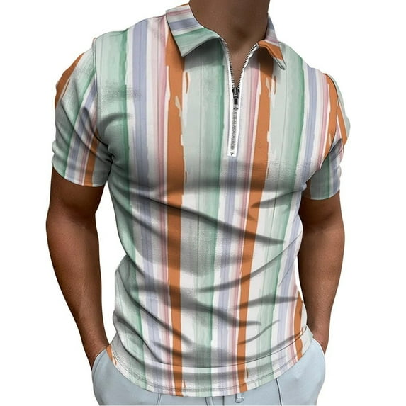 Minimalist Stripes Orange And Green Men Zipper T-shirt Summer Casual Short Sleeve T-shirt Top