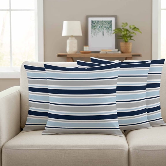 Minimalist Stripes Pillow Covers Set of 4, Navy Blue Grey Horizontal Stripe Modern 16x16 Inch Decorative Throw Pillow Covers Soft Pillowcases with Zipper for Couch Sofa Bed Chair