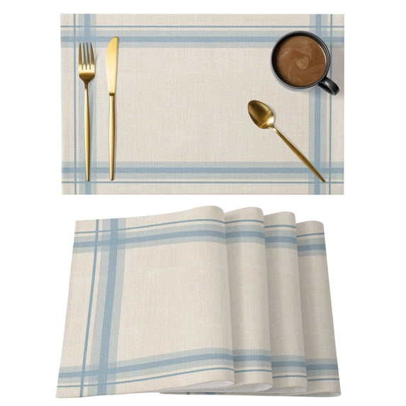 Minimalist Stripes Placemats Set of 6 Modern Simple Blue Grid Lines Beige Place Mats Indoor Wipeable Table Mats Washable Cloth Dining Table Placemats for Kitchen Holiday Party Home Decor 13x19 Inch