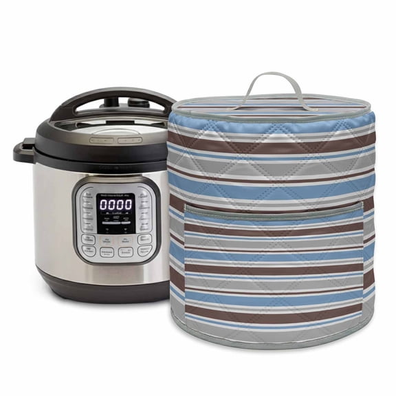 Minimalist Stripes Pressure Cooker Cover Blue Brown Grey Horizontal Stripe Modern Dust Cover for Kitchen Appliances with Top Handle & Storage Pockets, Fits 6 Quart Instant Pot, Air Fryer, Crock Pot