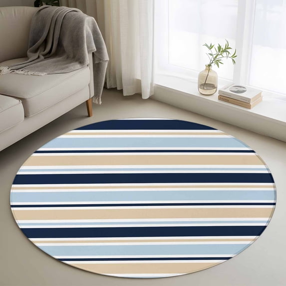 Minimalist Stripes Round Area Rugs 3 ft, Navy Blue Khaki Horizontal Stripe Modern Washable Small Area Rug with Non-Slip Sturdy Edge Binding Round Front Door Mat Floor Carpet for Entryway