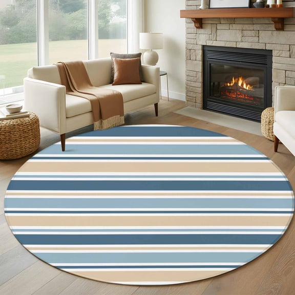 Minimalist Stripes Round Living Room Rugs 6 ft, Grey Blue Yellow Horizontal Stripe Modern Washable Area Rug with Non-Slip Sturdy Edge Binding Round Carpet for Kitchen Office Bedroom
