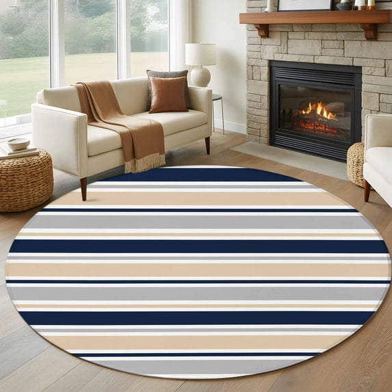 Minimalist Stripes Round Living Room Rugs 7 ft, Navy Blue Khaki Grey Horizontal Stripe Modern Washable Area Rug with Non-Slip Sturdy Edge Binding Round Carpet for Kitchen Office Bedroom