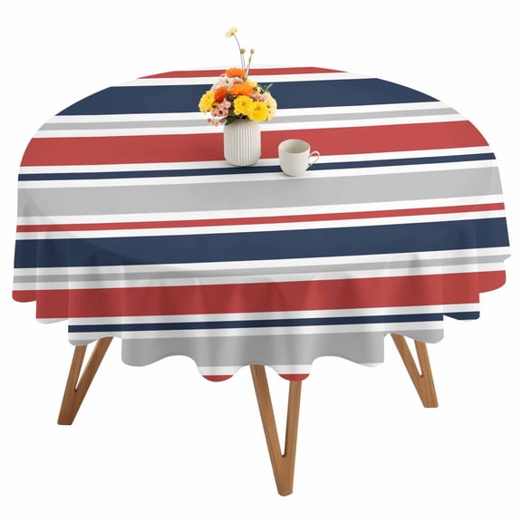 Minimalist Stripes Round Tablecloth 54 inches Navy Blue Red Grey Horizontal Stripe Modern Waterproof Oil-Proof Table Cloth Round Table Cover for Holiday Party Picnic Dinner Decor Indoor Outdoor Use