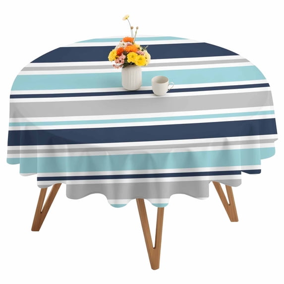 Minimalist Stripes Round Tablecloth 54 inches Teal Navy Blue Grey Horizontal Stripe Modern Waterproof Oil-Proof Table Cloth Round Table Cover for Holiday Party Picnic Dinner Decor Indoor Outdoor Use