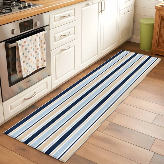 Minimalist Stripes Runner Rugs 2x6 ft Navy Blue Khaki Horizontal Stripe Modern Washable Hallway Rugs Non-Slip Floor Mats Absorbent Carpet Bedside Runners for Bedroom Kitchen Bathroom Laundry Room