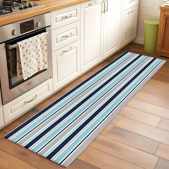 Minimalist Stripes Runner Rugs 2x6 ft Teal Navy Blue Grey Horizontal Stripe Modern Washable Hallway Rugs Non-Slip Floor Mats Absorbent Carpet Bedside Runners for Bedroom Kitchen Laundry Room