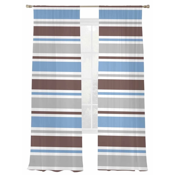 Minimalist Stripes Sheer Curtains 2 Panels Set Blue Brown Grey Horizontal Stripe Modern Sheer Window Curtains Light Filtering Rod Pocket Voile Drapes for Bedroom Living Room 52"X108"