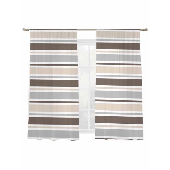 Minimalist Stripes Sheer Curtains 2 Panels Set Ivory Brown Grey Horizontal Stripe Modern Sheer Window Curtains Light Filtering Rod Pocket Voile Drapes for Bedroom Living Room 52"x63"