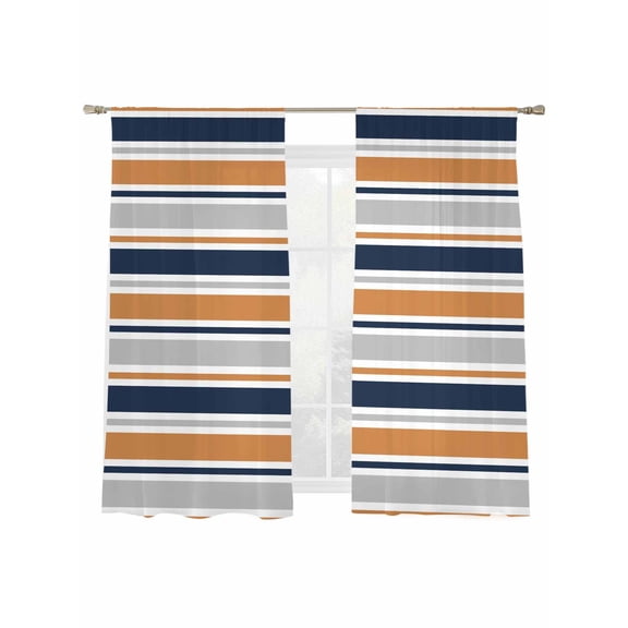 Minimalist Stripes Sheer Curtains 2 Panels Set Navy Blue Gray Orange Horizontal Stripe Sheer Window Curtains Light Filtering Rod Pocket Voile Drapes for Bedroom Living Room 52"x63"