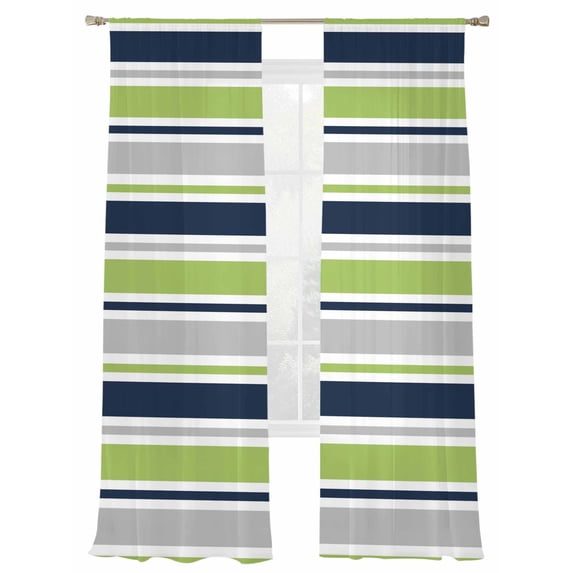 Minimalist Stripes Sheer Curtains 2 Panels Set Navy Blue Grey Green Horizontal Stripe Modern Sheer Window Curtains Light Filtering Rod Pocket Voile Drapes for Bedroom Living Room 52"X84"