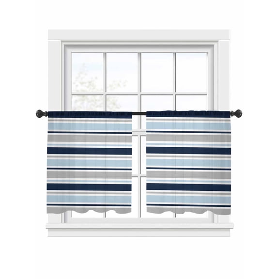 Minimalist Stripes Sheer Curtains 2 Panels Set Navy Blue Grey Horizontal Stripe Modern Sheer Window Curtains Light Filtering Rod Pocket Voile Drapes for Bedroom Living Room 52"x45"