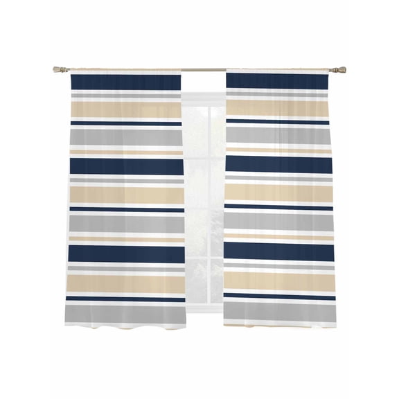Minimalist Stripes Sheer Curtains 2 Panels Set Navy Blue Khaki Grey Horizontal Stripe Modern Sheer Window Curtains Light Filtering Rod Pocket Voile Drapes for Bedroom Living Room 52"x63"