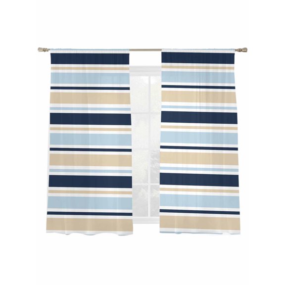 Minimalist Stripes Sheer Curtains 2 Panels Set Navy Blue Khaki Horizontal Stripe Modern Sheer Window Curtains Light Filtering Rod Pocket Voile Drapes for Bedroom Living Room 52"X72"