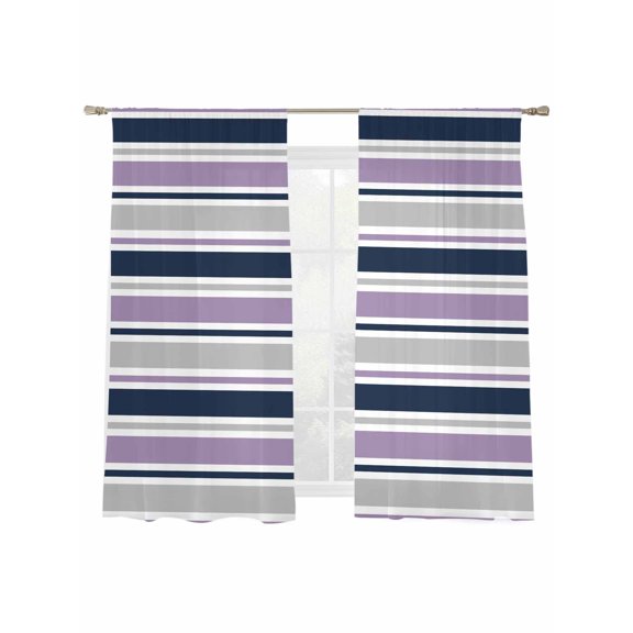 Minimalist Stripes Sheer Curtains 2 Panels Set Navy Blue Purple Gray Horizontal Stripe Modern Sheer Window Curtains Light Filtering Rod Pocket Voile Drapes for Bedroom Living Room 52"X72"