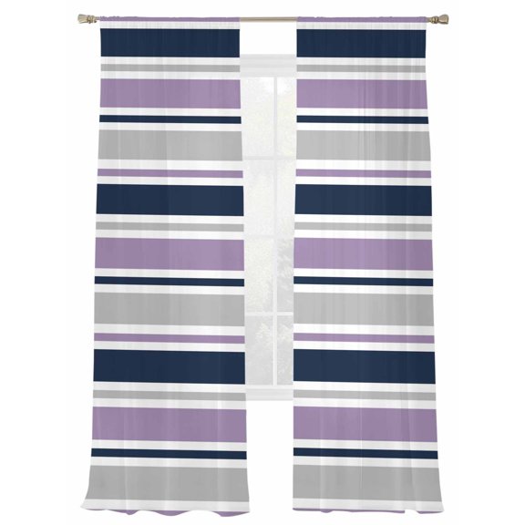 Minimalist Stripes Sheer Curtains 2 Panels Set Navy Blue Purple Gray Horizontal Stripe Modern Sheer Window Curtains Light Filtering Rod Pocket Voile Drapes for Bedroom Living Room 52"X108"