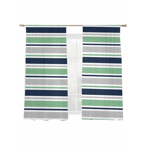 Minimalist Stripes Sheer Curtains 2 Panels Set Navy Blue Teal Grey Horizontal Stripe Modern Sheer Window Curtains Light Filtering Rod Pocket Voile Drapes for Bedroom Living Room 52"x63"