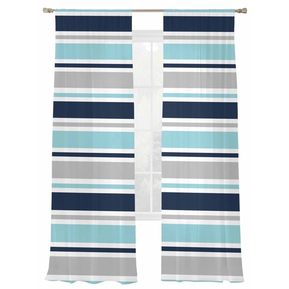 Minimalist Stripes Sheer Curtains 2 Panels Set Teal Navy Blue Grey Horizontal Stripe Modern Sheer Window Curtains Light Filtering Rod Pocket Voile Drapes for Bedroom Living Room 52"X108"