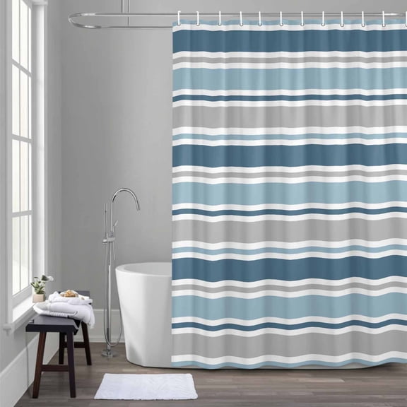 Minimalist Stripes Shower Curtain for Bathroom Decor, Grey Blue Ombre Horizontal Stripe Modern Waterproof Fabric Shower Curtain, 54"x78" Set with 12 Hooks