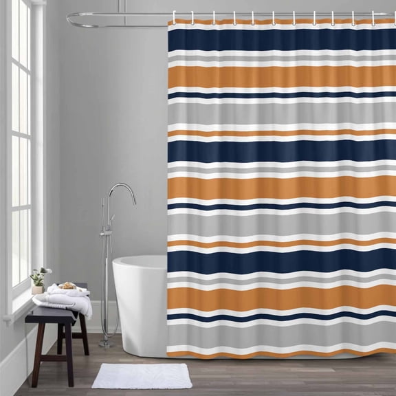 Minimalist Stripes Shower Curtain for Bathroom Decor, Navy Blue Gray Orange Horizontal Stripe Waterproof Fabric Shower Curtain, 54"x78" Set with 12 Hooks