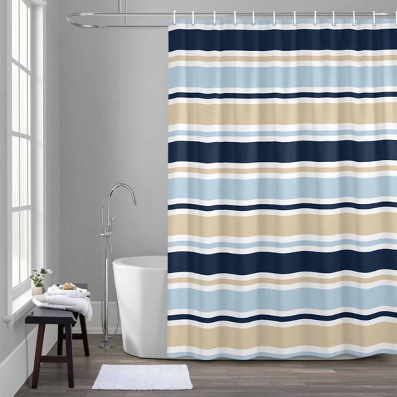 Minimalist Stripes Shower Curtain for Bathroom Decor, Navy Blue Khaki Horizontal Stripe Modern Waterproof Fabric Shower Curtain, 54"x78" Set with 12 Hooks