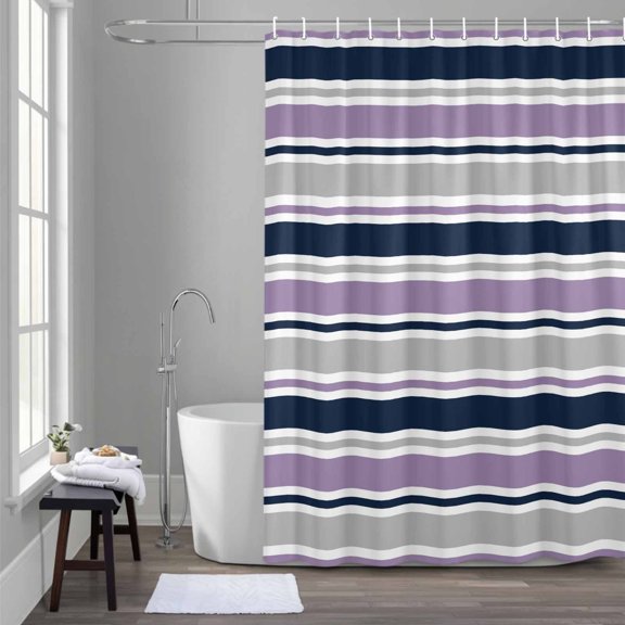 Minimalist Stripes Shower Curtain for Bathroom Decor, Navy Blue Purple Gray Horizontal Stripe Modern Waterproof Fabric Shower Curtain, 54"x78" Set with 12 Hooks