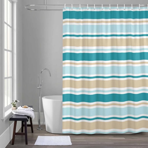 Minimalist Stripes Shower Curtain for Bathroom Decor, Teal Green Yellow Horizontal Stripe Modern Waterproof Fabric Shower Curtain, 54"x78" Set with 12 Hooks