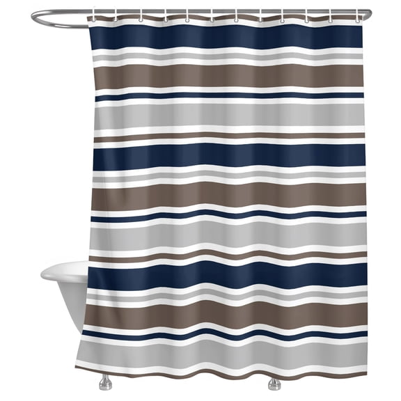 Minimalist Stripes Shower Curtain, Navy Blue Brown Grey Horizontal Stripe Modern Lightweight Waterproof Fabric Shower Curtain with Rustproof Grommets for Bathroom Bathtub 72x84in
