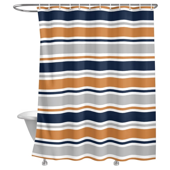 Minimalist Stripes Shower Curtain, Navy Blue Gray Orange Horizontal Stripe Lightweight Waterproof Fabric Shower Curtain with Rustproof Grommets for Bathroom Bathtub 72x84in