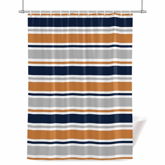 Minimalist Stripes Shower Curtain, Navy Blue Gray Orange Horizontal Stripe Waterproof Shower Curtain Set with 12 Hooks Lightweight Bath Curtains Fabric Bathroom Decor 36x72 Inches