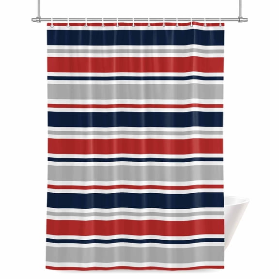 Minimalist Stripes Shower Curtain, Navy Blue Red Grey Horizontal Stripe Modern Waterproof Shower Curtain Set with 12 Hooks Lightweight Bath Curtains Fabric Bathroom Decor 72x78 Inches