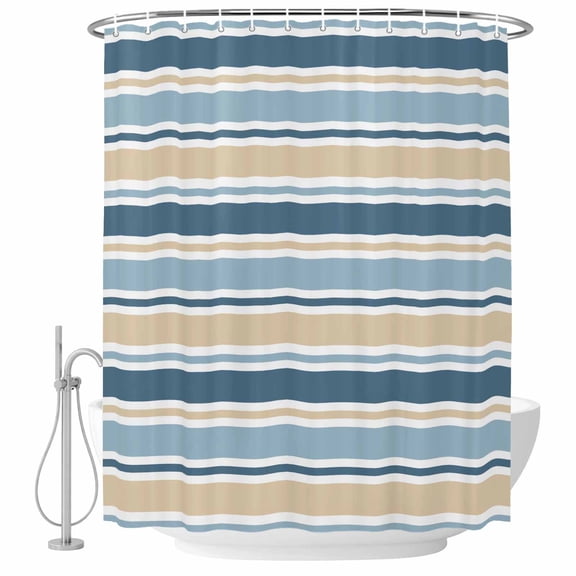 Minimalist Stripes Shower Curtain Set with Hooks, Grey Blue Yellow Horizontal Stripe Modern Water Repellent Shower Curtains for Bathroom Decor Sturdy Shower Curtain, Machine Washable 72x78 Inch