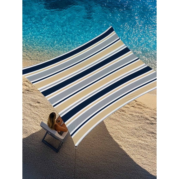 Minimalist Stripes Sun Shade Sail 6.5' x 10', Grey Navy Blue Khaki Horizontal Stripe Modern Rectangle Outdoor Sunshade Canopy, Waterproof UV Block Patio Covers for Garden Yard Beach