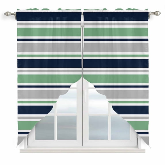 Minimalist Stripes Swag Valances for Windows 2 Pack Navy Blue Teal Grey Horizontal Stripe Modern Swag Kitchen Curtains 36 Inches Long Rod Pocket Short Window Treatment for Kitchen Bathroom 28"x36"