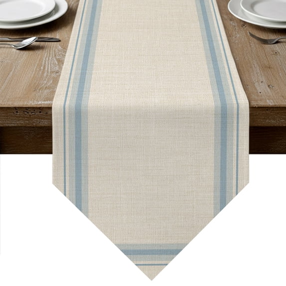 Minimalist Stripes Table Runner Linen Burlap Table Runner 36 Inches Small Modern Simple Blue Grid Lines Beige Dresser Scarves for Kitchen Island Coffee Dining Room Party Wedding Holiday Decor 13"x36"