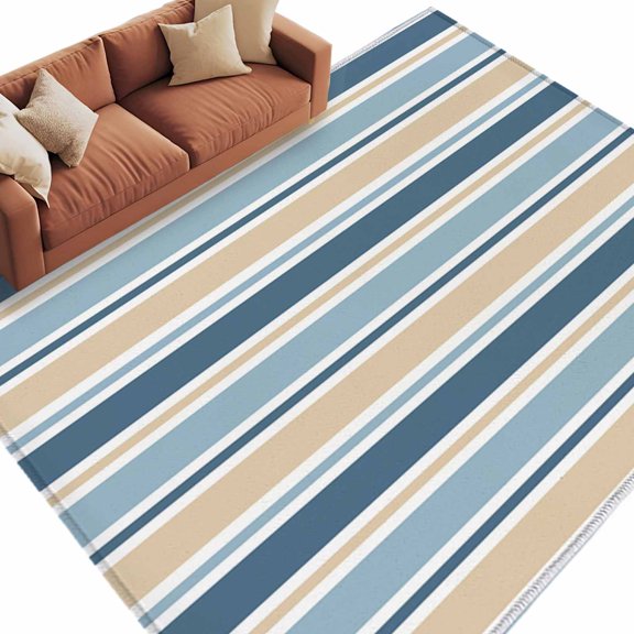 Minimalist Stripes Washable Area Rug 5 x 7 ft Grey Blue Yellow Horizontal Stripe Modern, Soft Non Slip Rugs Stain Repellent Indoor Felt Carpet for Living Dining Room Bedroom Home Office