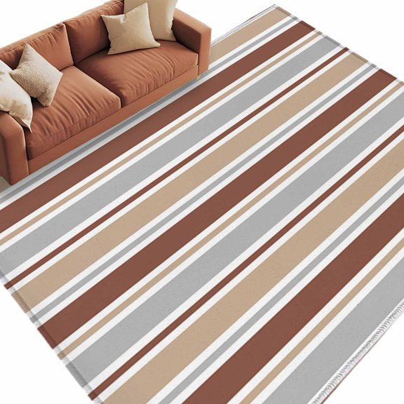 Minimalist Stripes Washable Area Rug 5 x 7 ft Khaki Brown Grey Horizontal Stripe Modern, Soft Non Slip Rugs Stain Repellent Indoor Felt Carpet for Living Dining Room Bedroom Home Office