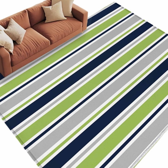 Minimalist Stripes Washable Area Rug 5 x 7 ft Navy Blue Grey Green Horizontal Stripe Modern, Soft Non Slip Rugs Stain Repellent Indoor Felt Carpet for Living Dining Room Bedroom Home Office